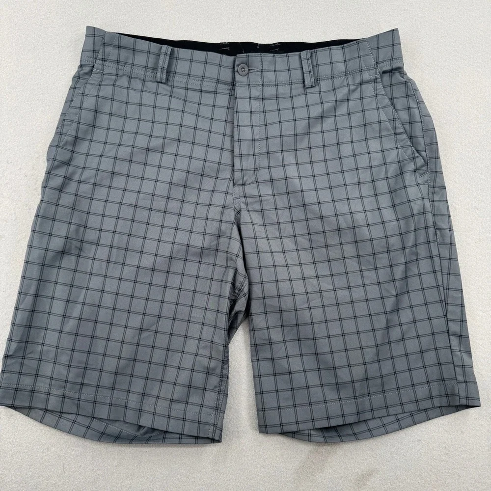 Nike Golf Dri-Fit Shorts Men 34 Gray Checkered Flat Front Performance Athleisure